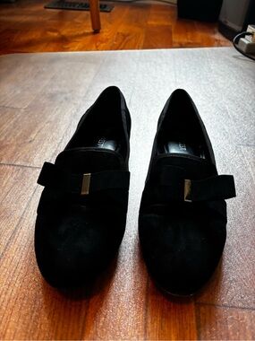 Nine West Black Suede Bow Loafers with Gold Accent